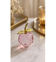 Pembe Kristal Cam Elma Biblo 10.5 Cm Dekoratif Masa Üstü Obje Gold Yapraklı Lüks Ofis Salon Aksesuarı