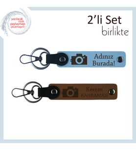 Doğum Günü İçin Şık Tasarım, Fotoğraf Makinesi Motifli Deri Anahtarlık, Gök Mavi-Açık Kahve