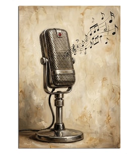 Notalı Vintage Mikrofon Müzik Tablosu Dekoratif Kanvas - Mdf Ahşap Tablo