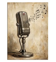 Notalı Vintage Mikrofon Müzik Tablosu Dekoratif Kanvas - Mdf Ahşap Tablo
