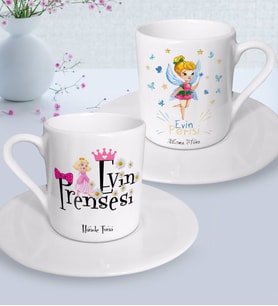 BK Gift Kişiye Özel Anneler Günü Temalı Evin Prensesi ve Evin Perisi Tasarımlı İkili Türk Kahvesi Fincanı Seti-1 (Beyaz)