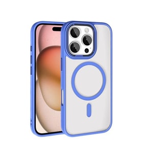 Coverzone iPhone 16 Pro ile uyumlu K?l?f Wireless ?arj �zellikli Metal buton Z-Krom MagSafe ile uyumlu ?effaf Transparan Double Color Silikon Kapak Mavi