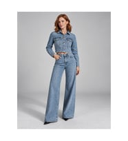 Taşlı Takım Kadın Açık Mavi Crop Jean Ceket ve Yüksek Bel Bol Paça Pantolon İkili Takım