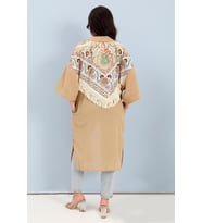 Kimono Arkası Baskılı Püsküllü Keten - Vizon