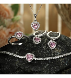 925 Ayar Gümüş Pembe Kalp Tasarımlı Pandora Tarz Kadın Set So0016