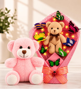 LED Işıklı Peluş Ayıcık Buketi ve Pembe Peluş Ayıcık Sevgiliye Arkadaşa Anneye Kadına Hediye