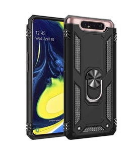 Samsung Galaxy A80 Kılıf Metal For Car Yüzüklü Standlı Military Ring Serisi (Siyah)