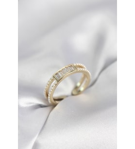 Baget Zirkon Taşlı Gold Renk İncili Kadın Yüzük TJ-BYK4032