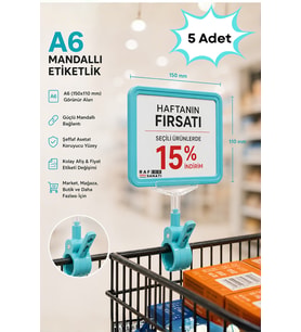 5 Adet - A6 Fiyatlık Mandallı Etiketlik Sepet Raf Askılık Fiyat Etiketi Çerçeveli Market Mağaza Turkuaz