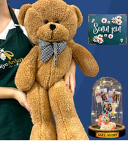 Kişiye Özel 3 Fotoğraflı, İsimli Led Işıklı Fanus ve Büyük Boy Kahve Peluş Ayıcık (Model 5)