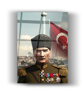 Mustafa Kemal Atatürk İstanbul Cam Tablo - Renkli - Ev - Ofis Ve Okul Duvar Dekoru - Hediyelik - Büyük Tablo - Hediye - Ev & Yaşam (Kırmızı)