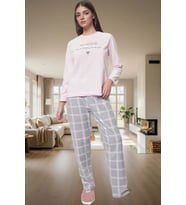 Kadın Kışlık Polar Pijama Takımı Ekoseli Pantolon Uzun Kollu Mükemmel Uyum Trend Tasarım (Pudra)