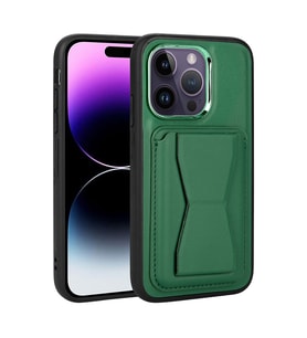 Lexroo iPhone 14 Pro Kılıf Kartlıklı Standlı Pu Deri Memo Kılıf - Koyu Yeşil
