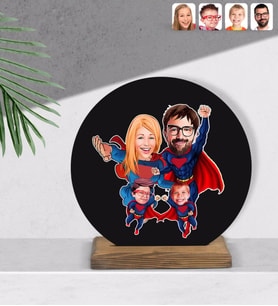 BK Gift Kişiye Özel Süper Aile Karikatürlü Yuvarlak Ahşap Biblo-2