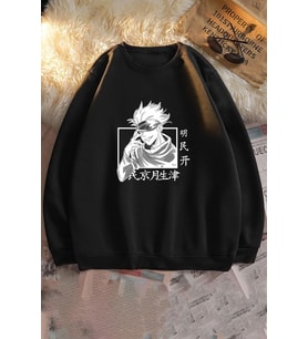 Unisex Jujutsu Kaisen Bisiklet Yaka Sweatshirt (Siyah)