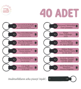 Pembe & Siyah, Düğün Günü Misafirlere Dağıtılacak, 40'lı Set, Anlamlı Yazılı Deri Hatıra Anahtarlık