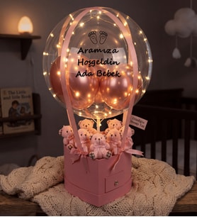 Kişiye Özel İsimli Led Işıklı Uçan Balon Ayıcık Kutusu - Bebek Tebrik Hediyesi (60 cm)