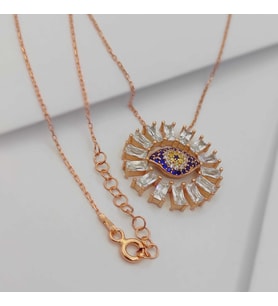 Kadın Rose Baget Taşlı Nazar Boncuğu Sembol Gümüş Kolye 925 Ayar (Karışık)