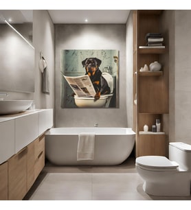 Tekli Kare Kanvas Banyo Tablosu Gazete Okuyan Rottweiler Köpek