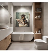 Tekli Kare Kanvas Banyo Tablosu Gazete Okuyan Rottweiler Köpek