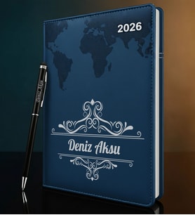 BK Gift Kişiye Özel İsimli Termo Sert Kapak 2026 Lacivert Ajanda & Kalem -2, Öğretmenler Günü Hediyesi, Yeni İş Hediyesi
