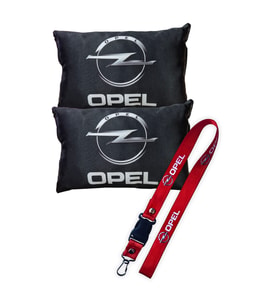 Opel Logolu Dijital Baskılı Siyah Araç Boyun Yastığı & Kırmızı Oto Ayna Askısı – 2’li Set