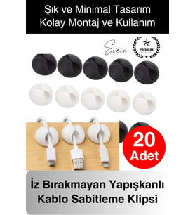 20'li İz Bırakmaz Siyah Beyaz Kablo Sabitleme Klipsi Çalışma Masası Düzenleyici Ev Oda Ofis Pratik