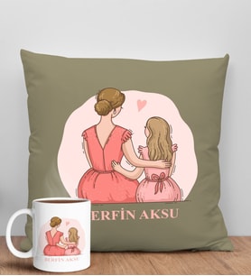 BK Gift Kişiye Özel İsimli Anneler Günü Tasarımlı Haki Kırlent Yastık ve Kupa Seti, Anneye Hediye, Ev Dekorasyonu, Anneler Günü Hediyesi-5