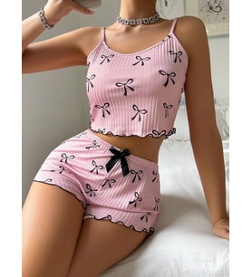 Pilelistore Kadın Siyah  Fiyonklu Şortlu Takım Mini Pembe Rahat (Yeşil)