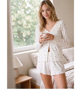 LCW DREAM Ekru Kalp Desenli Kadın Şortlu Pijama Takımı