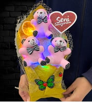 Renkli Led Işıklı Seni Seviyorum Pembe Ayıcıklı Premium Peluş Ayıcık Buketi (Model 3)