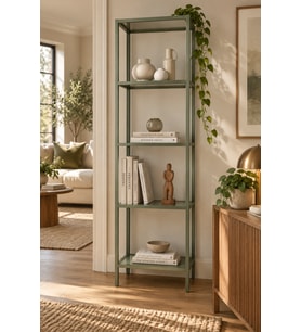 Yeşil Çerçeveli Şeffaf Cam Modern Salon Kitaplığı 40 cm