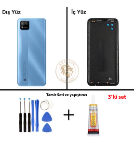Oppo KAPAK Vida Seti + Yapıştırıcı Realme C11 2021 Mavi Yapıştırıcı B-7000 Yapıştırıcı Vida Seti Arka Kapak Arka Cam Batarya Kapağı Lazer Kesim Kapak Pil Kapağı Back Cover