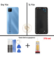Oppo KAPAK Vida Seti + Yapıştırıcı Realme C11 2021 Mavi Yapıştırıcı B-7000 Yapıştırıcı Vida Seti Arka Kapak Arka Cam Batarya Kapağı Lazer Kesim Kapak Pil Kapağı Back Cover