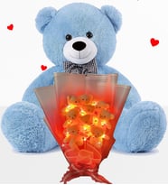 Hediye Sevgiliye 90cm Büyük Ayıcık ve Ledli 9 Ayıcıklı Ayıcık Buketi Peluş Set (Açık Mavi)