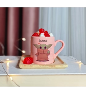 Baby Yoda Tasarımlı Kişiye Özel Pembe Türk Kahvesi Fincanı
