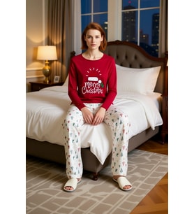 Kadin Kirmizi Yılbaşı Desenli Pamuk Polyester Pijama Fonksiyonel Dayanıklı Kaliteli Modern
