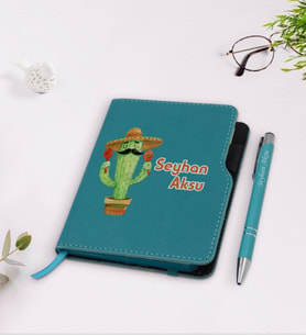BK Gift Kişiye Özel Kaktüs Tasarımlı Turkuaz Termo Deri Defter Kalem Seti-7