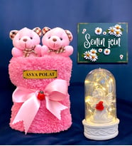 Kişiye Özel İsimli Hediye Seti  Led Işıklı Fanus & Pembe Peluş Saksıda 2li Peluş Buketi  Ayıcık Buketi (Model 1)