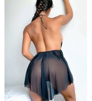 Kadın İnce Askılı Derin V Yaka Siyah Mini Tül Babydoll - 1025