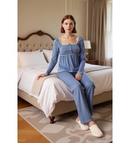 Kadın Melanj Uzun Kollu Pijama Takımı Kare Yaka Fonksiyonel Dayanıklı Kaliteli Konforlu Şık