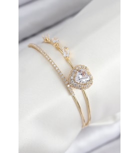 Pirinç Zirkon Taşlı Kalp Model Gold Renk Kadın Bileklik - TJ-BB7855