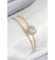Pirinç Zirkon Taşlı Kalp Model Gold Renk Kadın Bileklik - TJ-BB7855