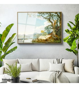 Altın Renk Metal Çerçeveli Tamperli Cam Tablo Paul Sandby Windsor Kalesi Nehir Kenarı Piknik Ressam Tablosu Duvar Dekoru