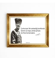 Tablore Atatürk Cumhuriyet ve Fikir Serbestliği Sözü Altın Çerçeveli Tablo - İmzalı İkonik Atatürk Sözleri Ofis Duvar Dekorasyonu