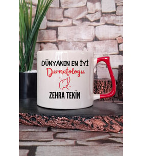Dünyanın En İyi Dermatoloğu Baskılı Kişiye Özel Dermatolog Hediyelik Kırmızı Kulplu Kupa Bardak
