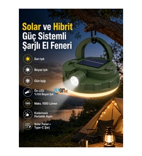 Solar ve Hibrit Güç Sistemli Şarjlı El Feneri 10W LED 1000 Lümen Pil ile Kullanımlı Kamp Lambası Sarı Beyaz Gün Işığı