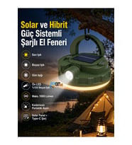 Solar ve Hibrit Güç Sistemli Şarjlı El Feneri 10W LED 1000 Lümen Pil ile Kullanımlı Kamp Lambası Sarı Beyaz Gün Işığı