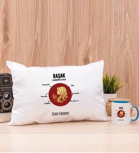 Kişiye Özel Başak Burcuna Hediye Dikdörtgen Yastık ve Mavi Kupa