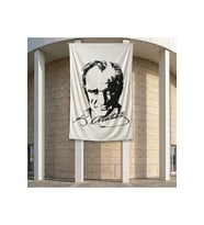 Siyah - Beyaz Mustafa Kemal Atatürk Silüeti ve İmza Poster Bayrak Premium Raşel Kumaş ATA28 2x3m